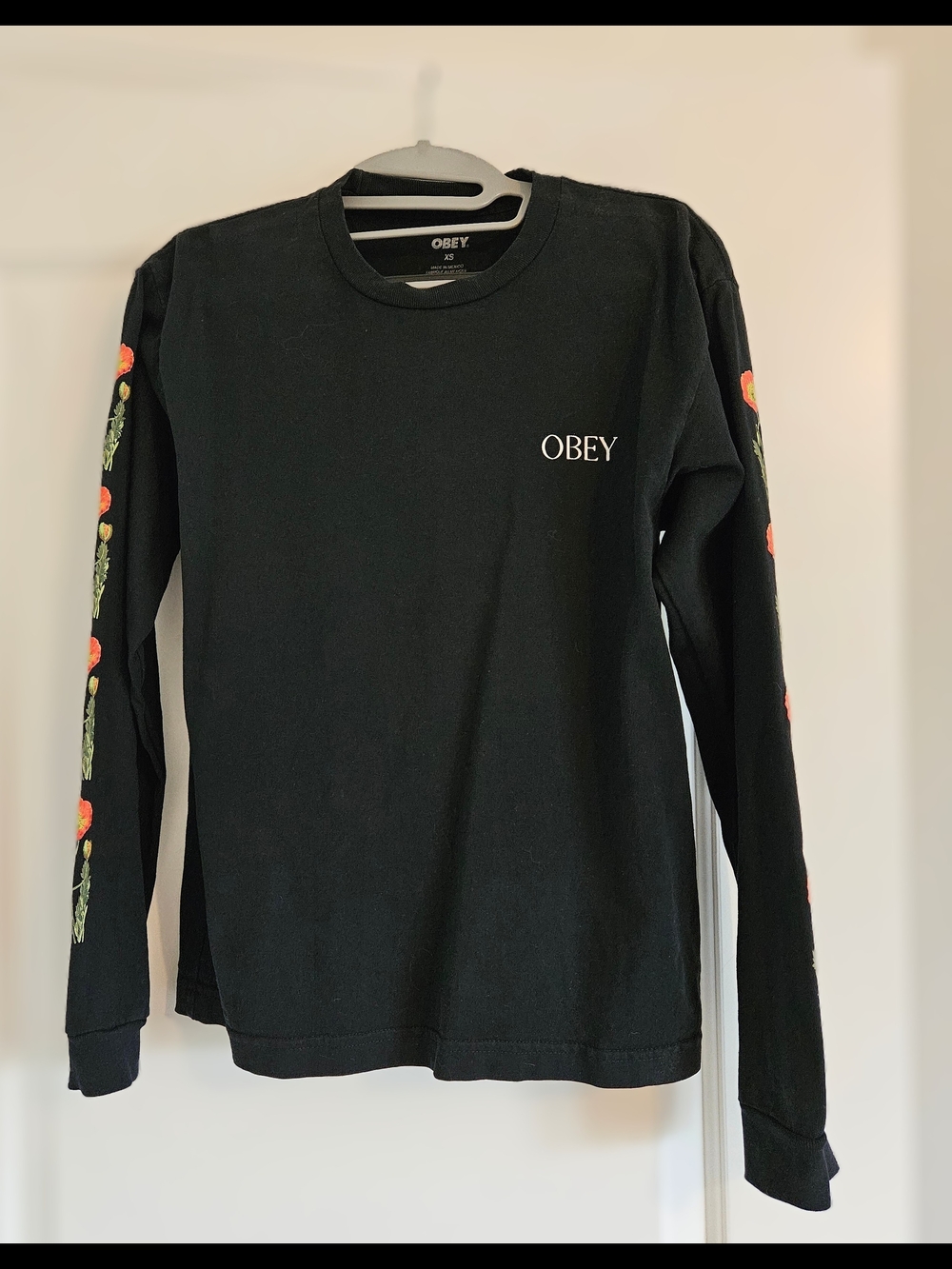 Obey Black Long Sleeve Tee with Red Floral Sleeve Art